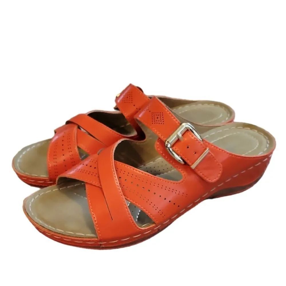 WORN ONE ONCE SHIBEVER SLIP ON ADJUSTABLE WEDGE SANDALS SZ.8 (39)